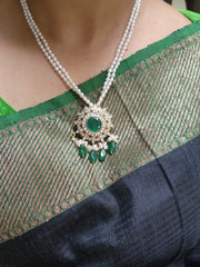 Kundan moissanite pendant with pearls-Silver Neckpiece-PL-House of Taamara