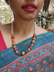 Kundan & navrathana ball chain with corals & green onyx kundan bead with inlay work-Silver Neckpiece-CI-House of Taamara