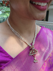 Kundan peacock pendant with ruby & antique style pearls mala-Silver Neckpiece-PL-House of Taamara