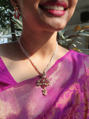 Kundan peacock pendant with ruby & antique style pearls mala-Silver Neckpiece-PL-House of Taamara