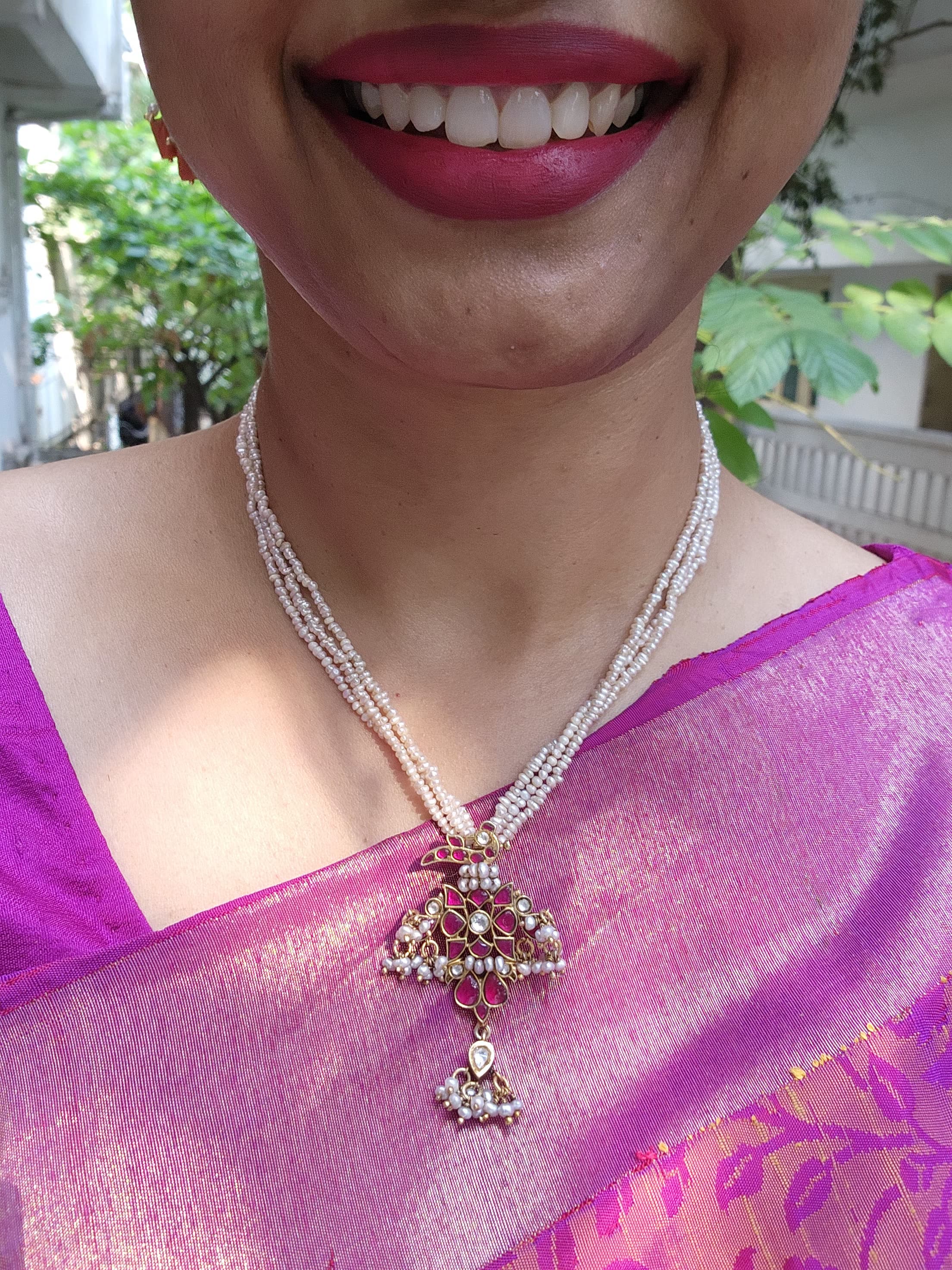 Kundan peacock pendant with ruby & antique style pearls mala-Silver Neckpiece-PL-House of Taamara