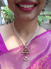 Kundan peacock pendant with ruby & antique style pearls mala-Silver Neckpiece-PL-House of Taamara