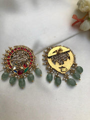 Kundan peacock round studs with antique pearls & green beads-Earrings-PL-House of Taamara