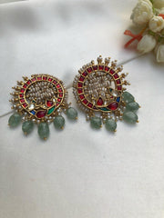 Kundan peacock round studs with antique pearls & green beads-Earrings-PL-House of Taamara