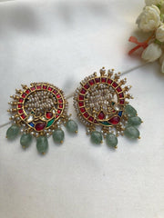Kundan peacock round studs with antique pearls & green beads-Earrings-PL-House of Taamara