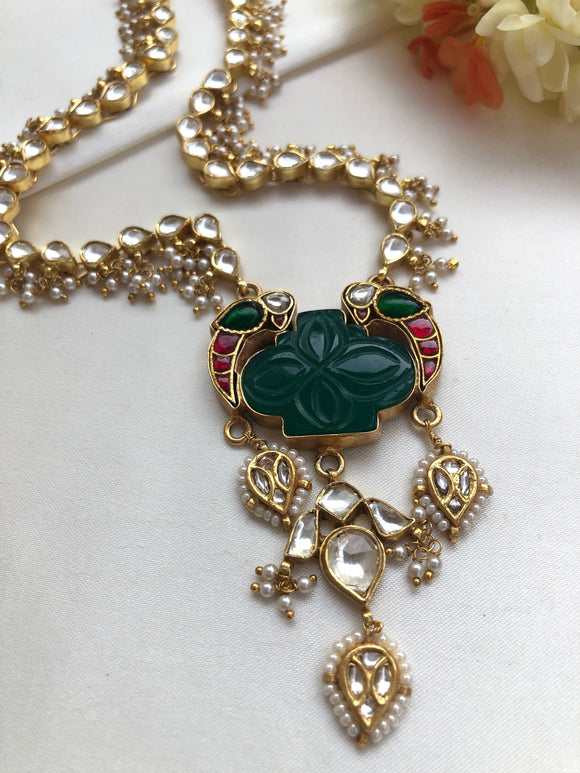 Kundan & pearls chain with green onyx and kundan birds necklace-Silver Neckpiece-PL-House of Taamara
