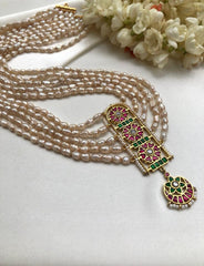 Kundan pendant with Pearls layer necklace-Silver Neckpiece-PL-House of Taamara