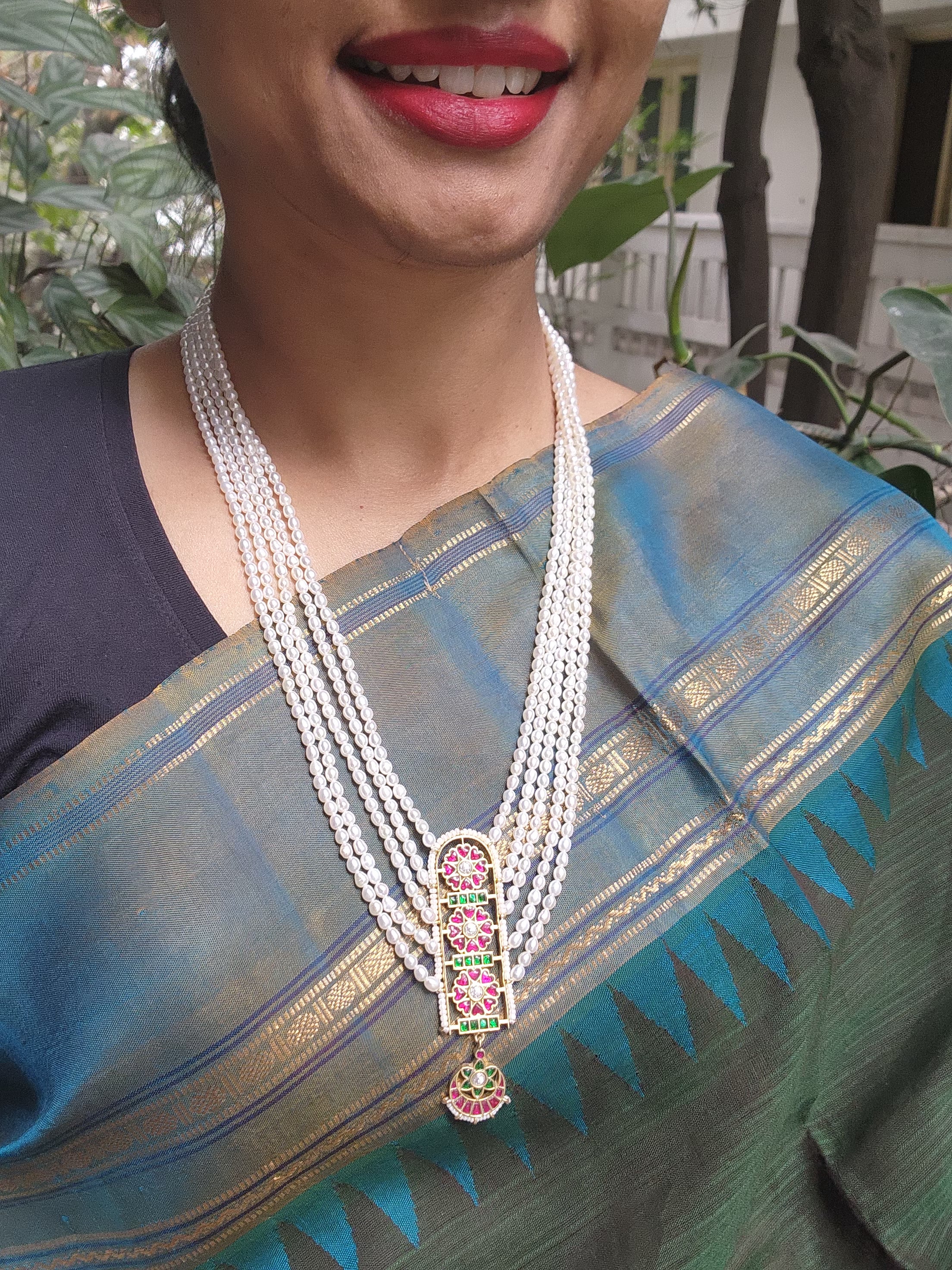 Kundan pendant with Pearls layer necklace-Silver Neckpiece-PL-House of Taamara