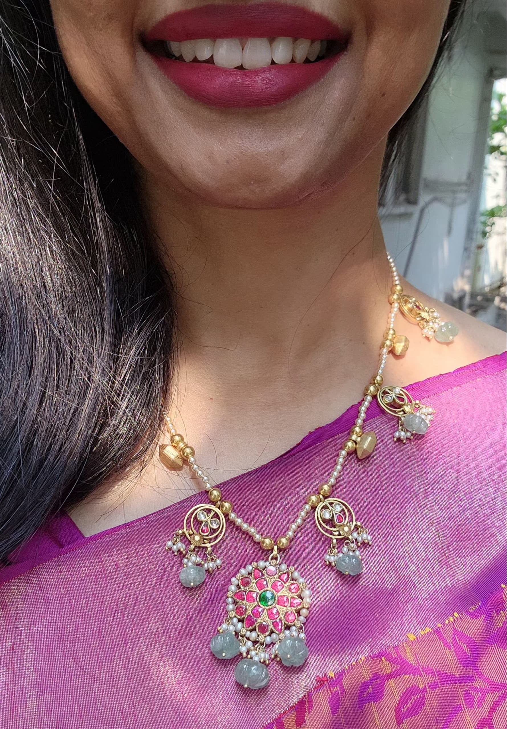 Kundan pendant with antique pieces with Swarovski pearls-Silver Neckpiece-PL-House of Taamara