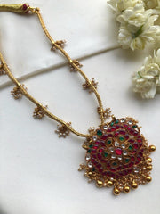 Kundan pendant with bunch pearls chain-Silver Neckpiece-PL-House of Taamara