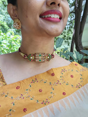 Kundan rajwadan style rubu & ivory enamel work thread Choker-Silver Neckpiece-PL-House of Taamara