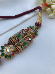 Kundan rajwadan style rubu & ivory enamel work thread Choker-Silver Neckpiece-PL-House of Taamara