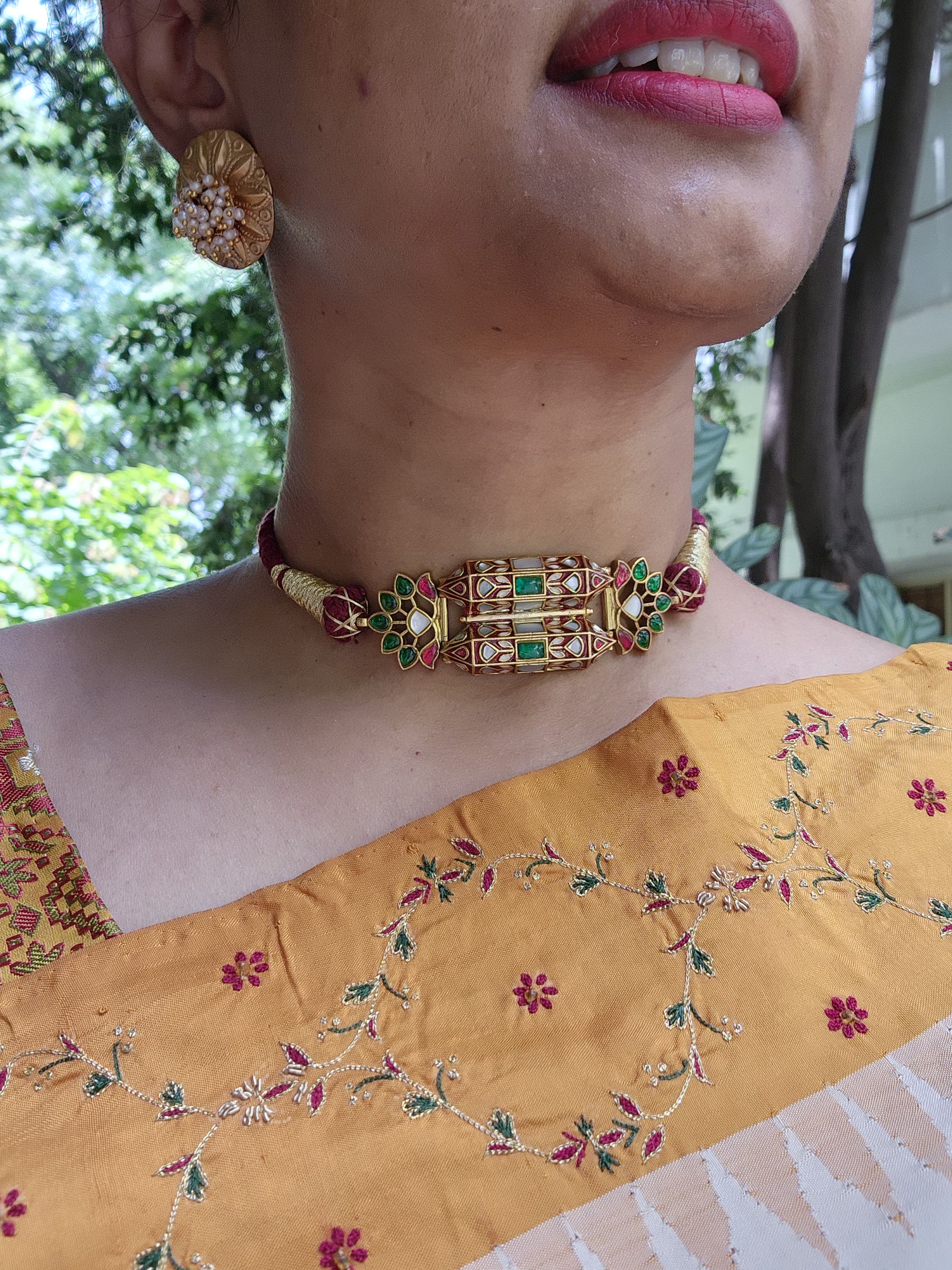 Kundan rajwadan style rubu & ivory enamel work thread Choker-Silver Neckpiece-PL-House of Taamara