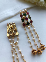 Kundan red and green earrings with pearls bunch-Earrings-PL-House of Taamara