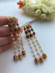 Kundan red and green earrings with pearls bunch-Earrings-PL-House of Taamara
