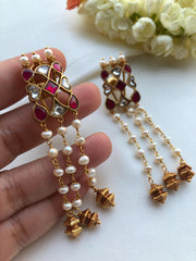 Kundan red and white with pearls long earrings-Earrings-PL-House of Taamara
