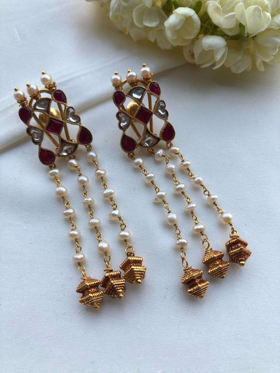 Kundan red and white with pearls long earrings-Earrings-PL-House of Taamara