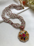 Kundan round navaratan pendant with pearls, ruby beads chain-Silver Neckpiece-PL-House of Taamara