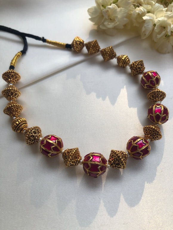 Kundan ruby and antique beads necklace-Silver Neckpiece-PL-House of Taamara