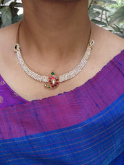 Kundan, ruby and emerald mango motif hasli with stringed pearls-Silver Neckpiece-CI-House of Taamara