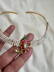Kundan, ruby and emerald mango motif hasli with stringed pearls-Silver Neckpiece-CI-House of Taamara