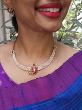 Kundan, ruby and emerald mango motif hasli with stringed pearls-Silver Neckpiece-CI-House of Taamara