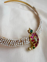 Kundan, ruby and emerald mango motif hasli with stringed pearls-Silver Neckpiece-CI-House of Taamara