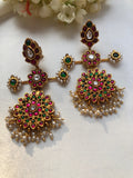 Kundan ruby and green long earrings with pearls-Earrings-PL-House of Taamara