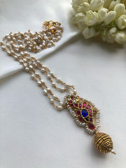 Kundan ruby and peacock pendant with rice pearl chain-Silver Neckpiece-PL-House of Taamara
