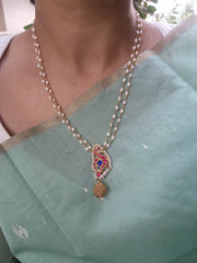 Kundan ruby and peacock pendant with rice pearl chain-Silver Neckpiece-PL-House of Taamara