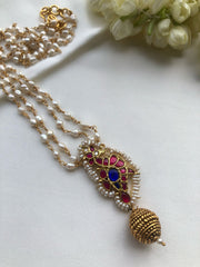 Kundan ruby and peacock pendant with rice pearl chain-Silver Neckpiece-PL-House of Taamara