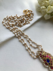 Kundan ruby and peacock pendant with rice pearl chain-Silver Neckpiece-PL-House of Taamara
