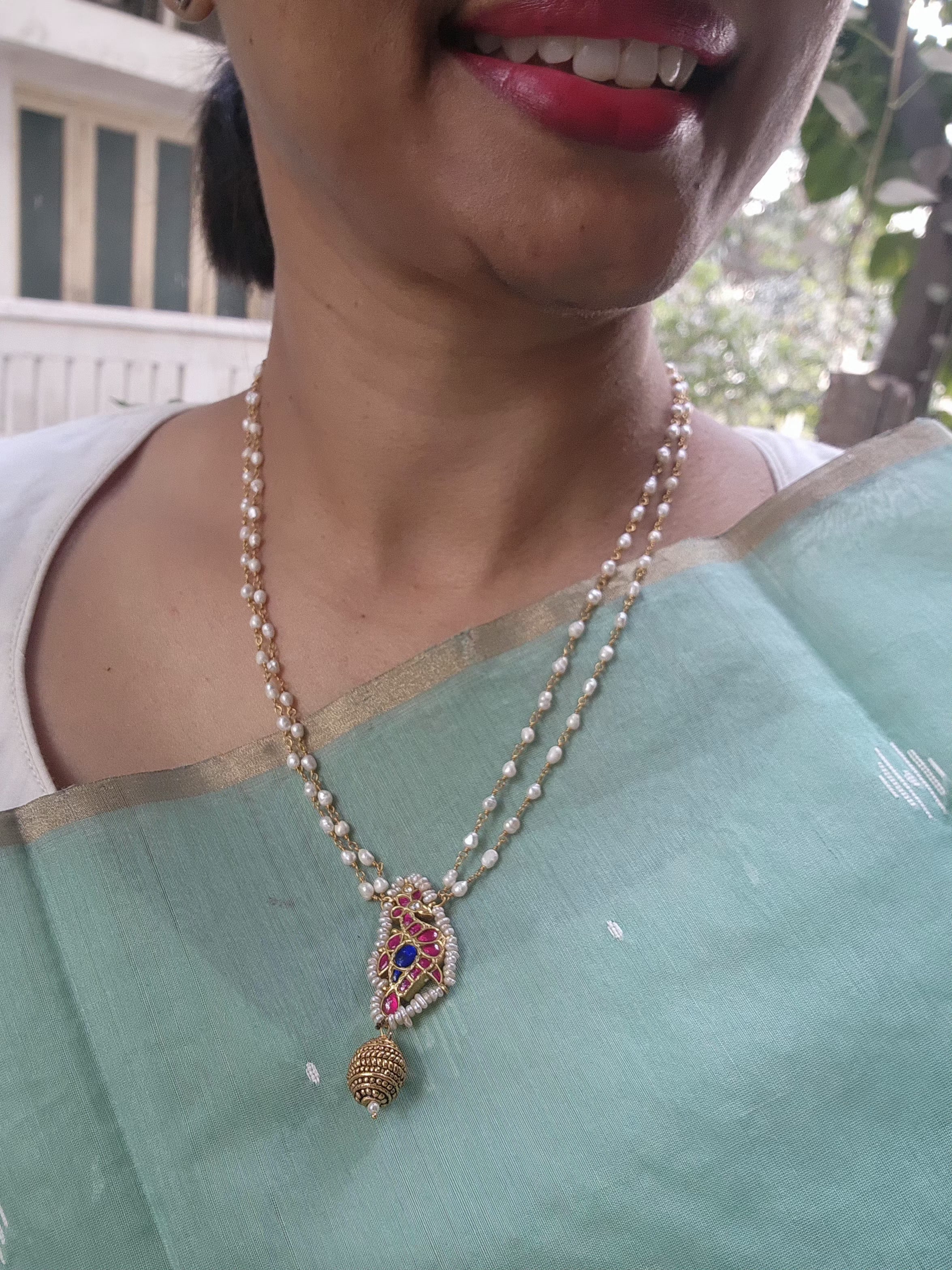 Kundan ruby and peacock pendant with rice pearl chain-Silver Neckpiece-PL-House of Taamara