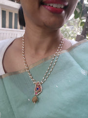 Kundan ruby and peacock pendant with rice pearl chain-Silver Neckpiece-PL-House of Taamara