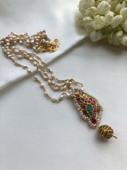 Kundan ruby and turquoise pendant with pearl chain-Silver Neckpiece-PL-House of Taamara