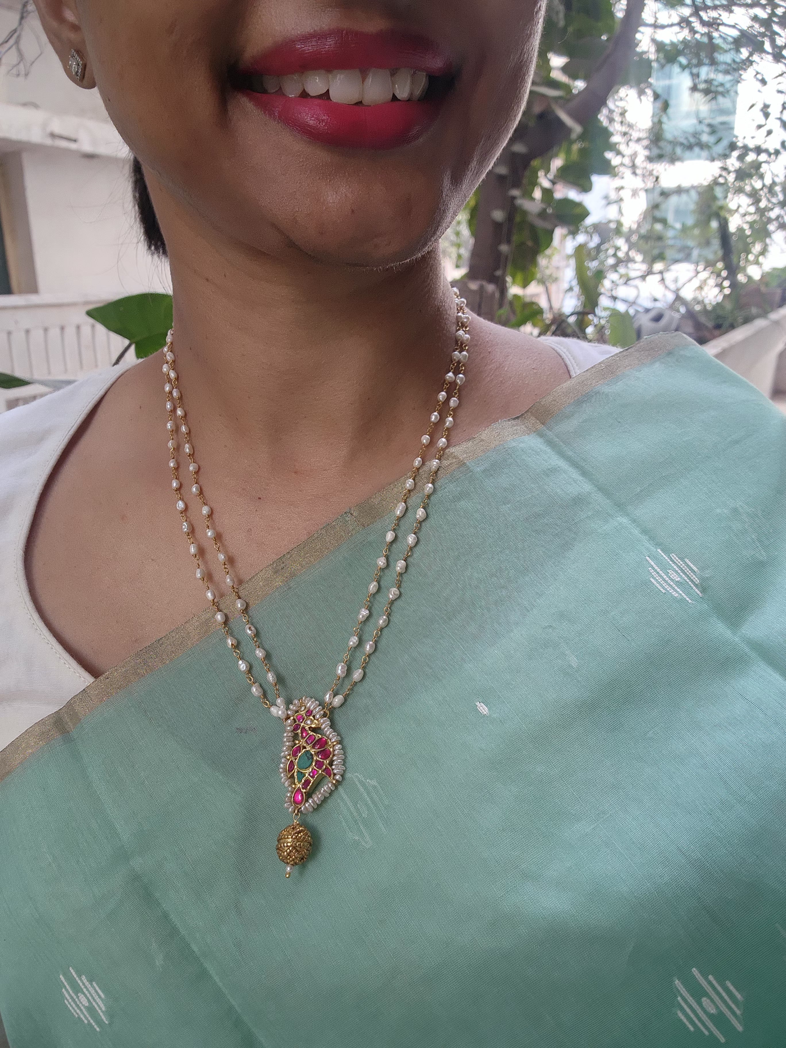 Kundan ruby and turquoise pendant with pearl chain-Silver Neckpiece-PL-House of Taamara