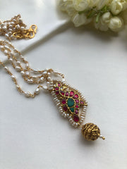 Kundan ruby and turquoise pendant with pearl chain-Silver Neckpiece-PL-House of Taamara