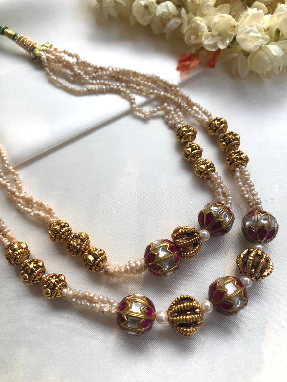 Kundan & ruby beads antique style 2 layered pearls necklace-Silver Neckpiece-PL-House of Taamara