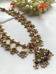 Kundan & ruby beads necklace with pearls bunch, SET-Silver Neckpiece-PL-House of Taamara