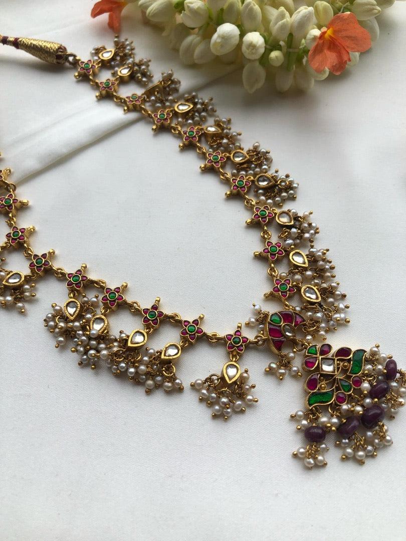Kundan & ruby beads necklace with pearls bunch, SET-Silver Neckpiece-PL-House of Taamara