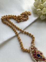 Kundan ruby & blue peacock pendant with tussi chain-Silver Neckpiece-PL-House of Taamara