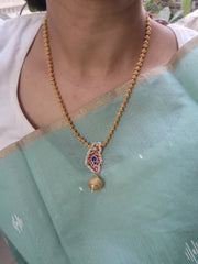Kundan ruby & blue peacock pendant with tussi chain-Silver Neckpiece-PL-House of Taamara