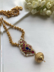 Kundan ruby & blue peacock pendant with tussi chain-Silver Neckpiece-PL-House of Taamara