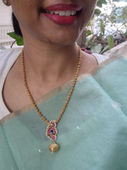 Kundan ruby & blue peacock pendant with tussi chain-Silver Neckpiece-PL-House of Taamara