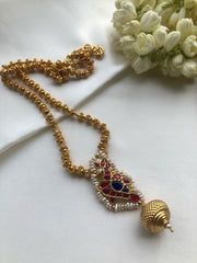 Kundan ruby & blue peacock pendant with tussi chain-Silver Neckpiece-PL-House of Taamara
