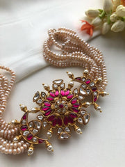 Kundan ruby choker with antique pearls-Silver Neckpiece-PL-House of Taamara