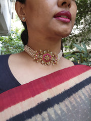 Kundan ruby choker with antique pearls-Silver Neckpiece-PL-House of Taamara