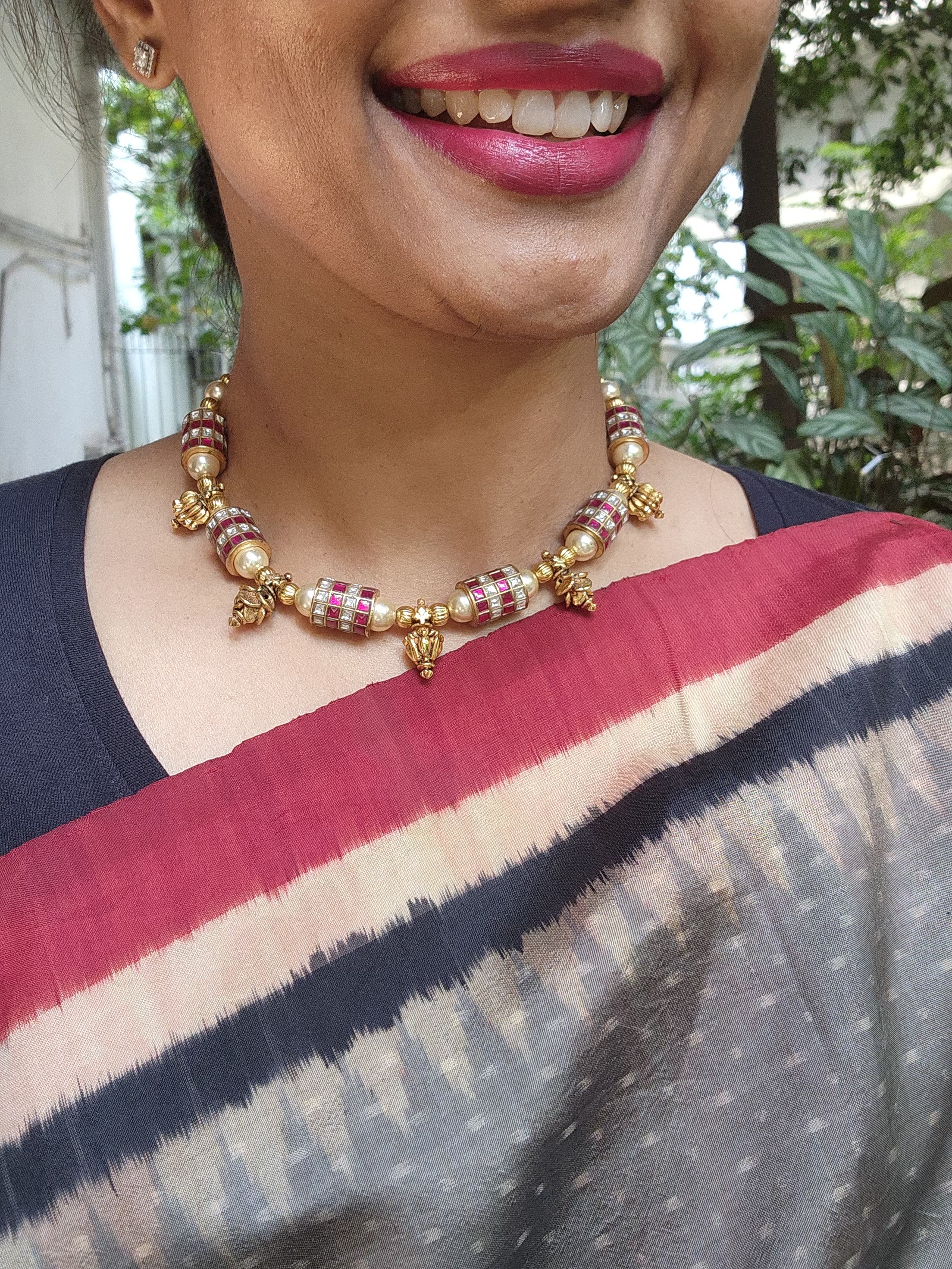 Kundan ruby cylindrical beads with pearls & antique style gold beads-Silver Neckpiece-PL-House of Taamara