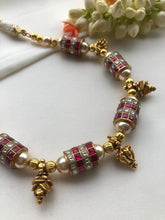 Kundan ruby cylindrical beads with pearls & antique style gold beads-Silver Neckpiece-PL-House of Taamara