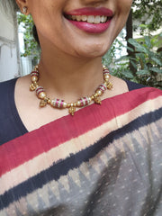 Kundan ruby cylindrical beads with pearls & antique style gold beads-Silver Neckpiece-PL-House of Taamara